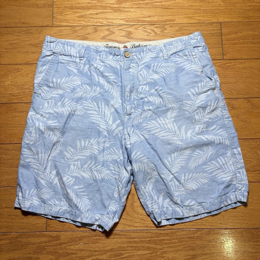 Tommy Bahama Mens Size 38 Blue Palm Fern Linen Blend Chino Shorts Tropical Beach
